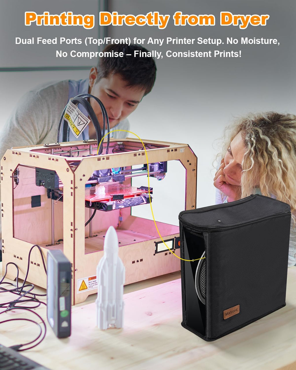 Martronic 3D Printer Filament Dryer & Active Feeder | Print-While-Drying Spool Holder | 25W Continuous Silent Filament Warmer | Optimized for PLA/PETG/TPU | Dust-Proof & Portable