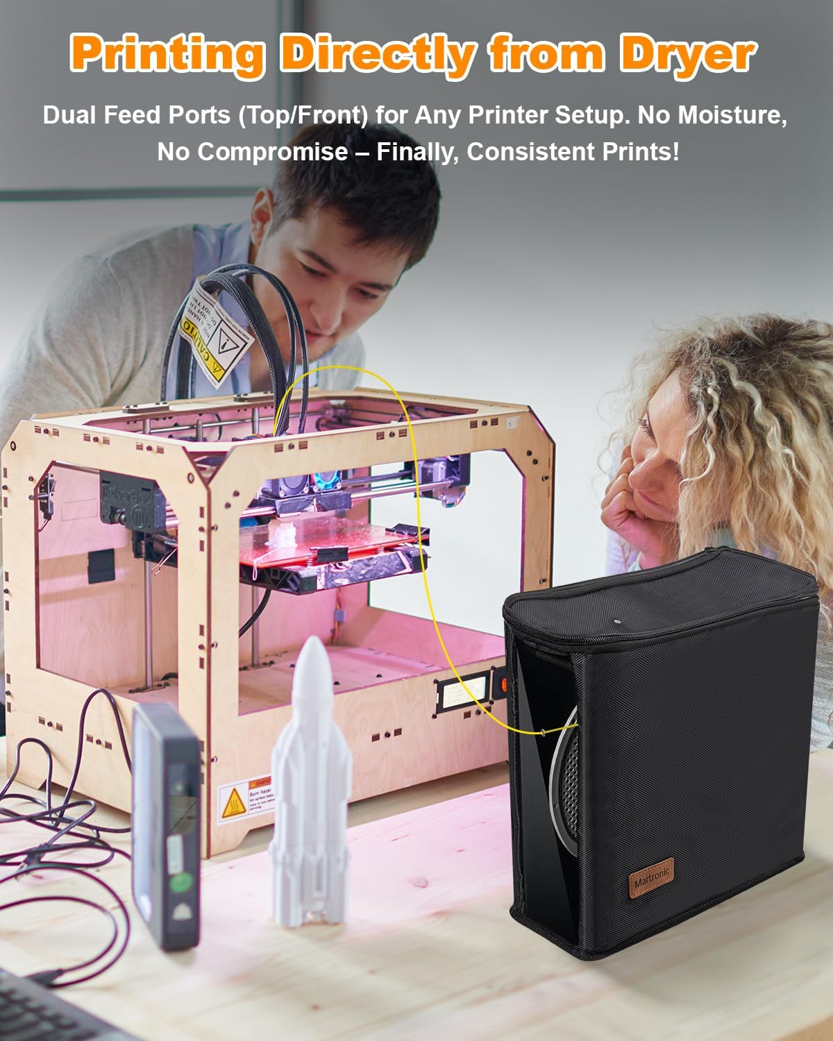 Martronic 3D Printer Filament Dryer & Active Feeder | Print-While-Drying Spool Holder | 25W Continuous Silent Filament Warmer | Optimized for PLA/PETG/TPU | Dust-Proof & Portable
