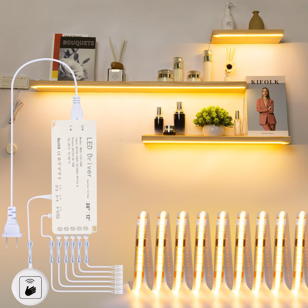 Martronic COB Display Light Strips for Shelves, 6000K 16.4ft Plug-in Under Shelf Lighting with Hand-Sweep On/Off, Diffused Power with 6 Output Ports, Shelf Lights for Bookshelf, Gun Safe