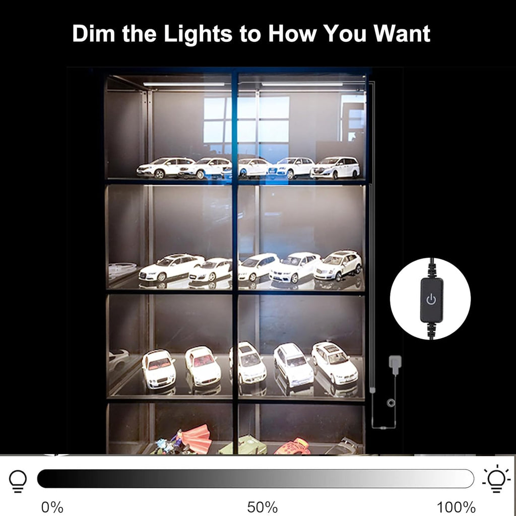 Martronic 4-Pack 12 Inch LED Display Case Lighting Kit, Black Dimmable Bookshelf Light Bars with 12V Power Adapter, 6000K Bright White, Plug-in Slim Lights for Shelves, Curio Cabinets, and Bookcases