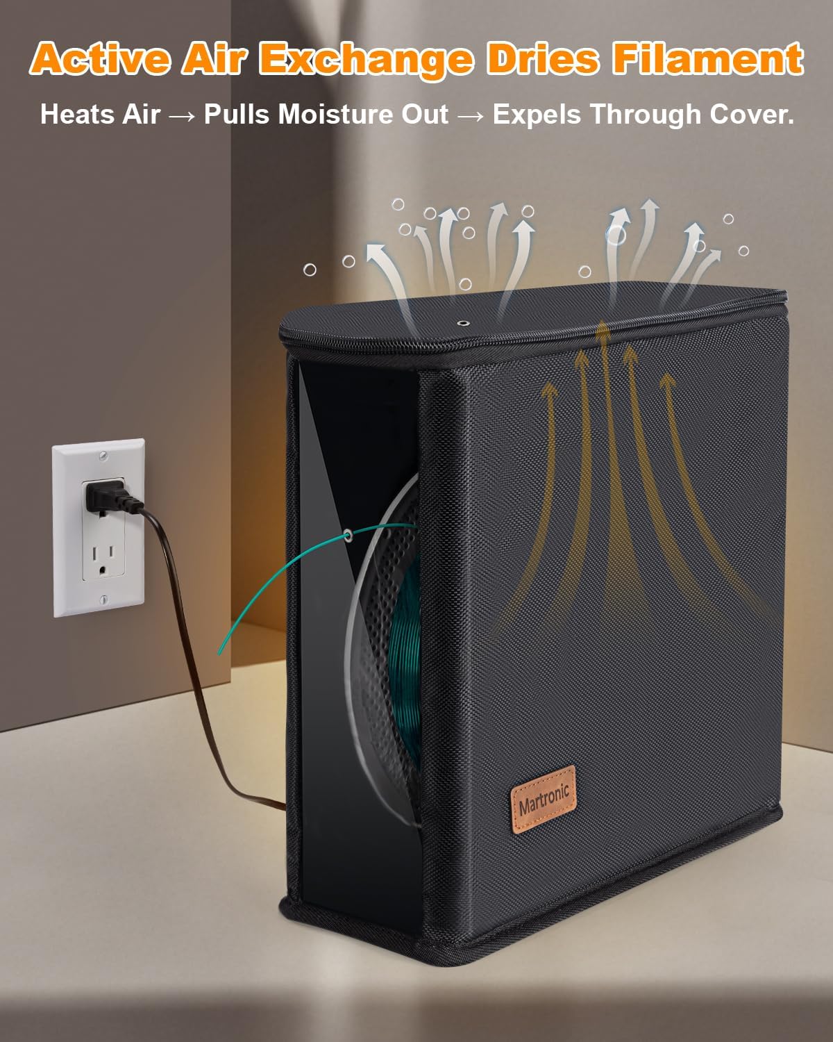 Martronic 3D Printer Filament Dryer & Active Feeder | Print-While-Drying Spool Holder | 25W Continuous Silent Filament Warmer | Optimized for PLA/PETG/TPU | Dust-Proof & Portable