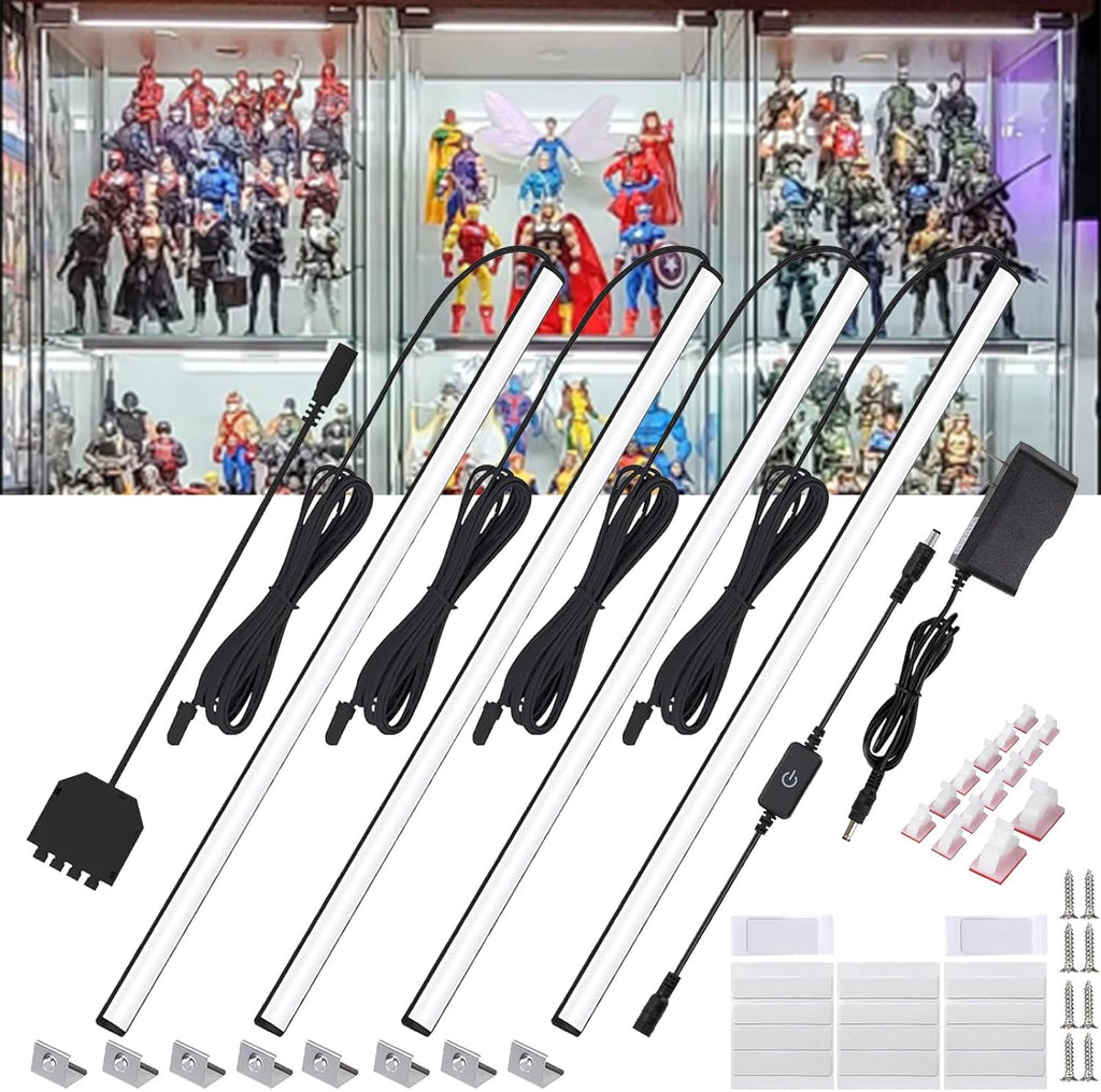 Martronic 4-Pack 12 Inch LED Display Case Lighting Kit, Black Dimmable Bookshelf Light Bars with 12V Power Adapter, 6000K Bright White, Plug-in Slim Lights for Shelves, Curio Cabinets, and Bookcases