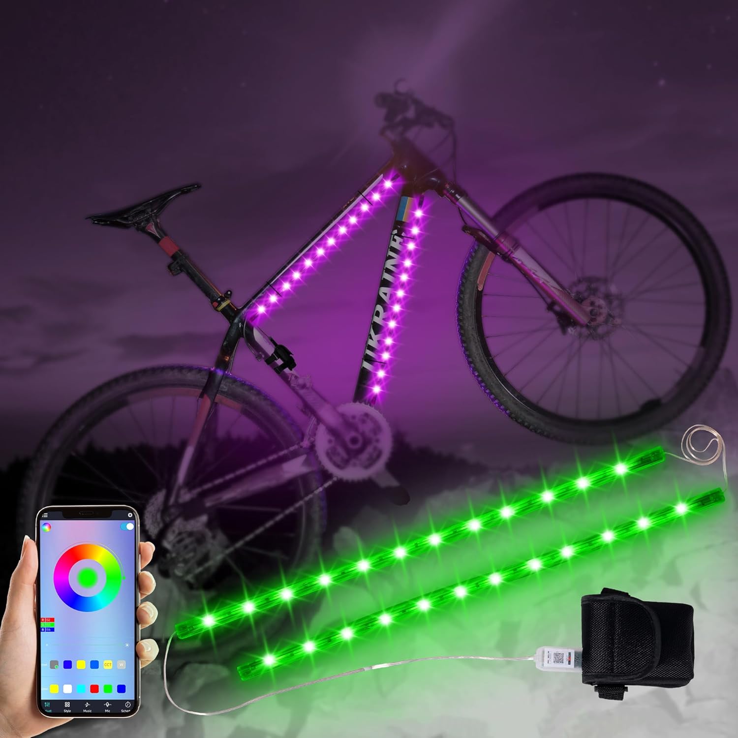 2 Pcs 16in Bike Lights for Night Riding with Battery Box, Lots Flashing Modes App Control RGB Skateboard Lights for Festivals, Safety & Style
