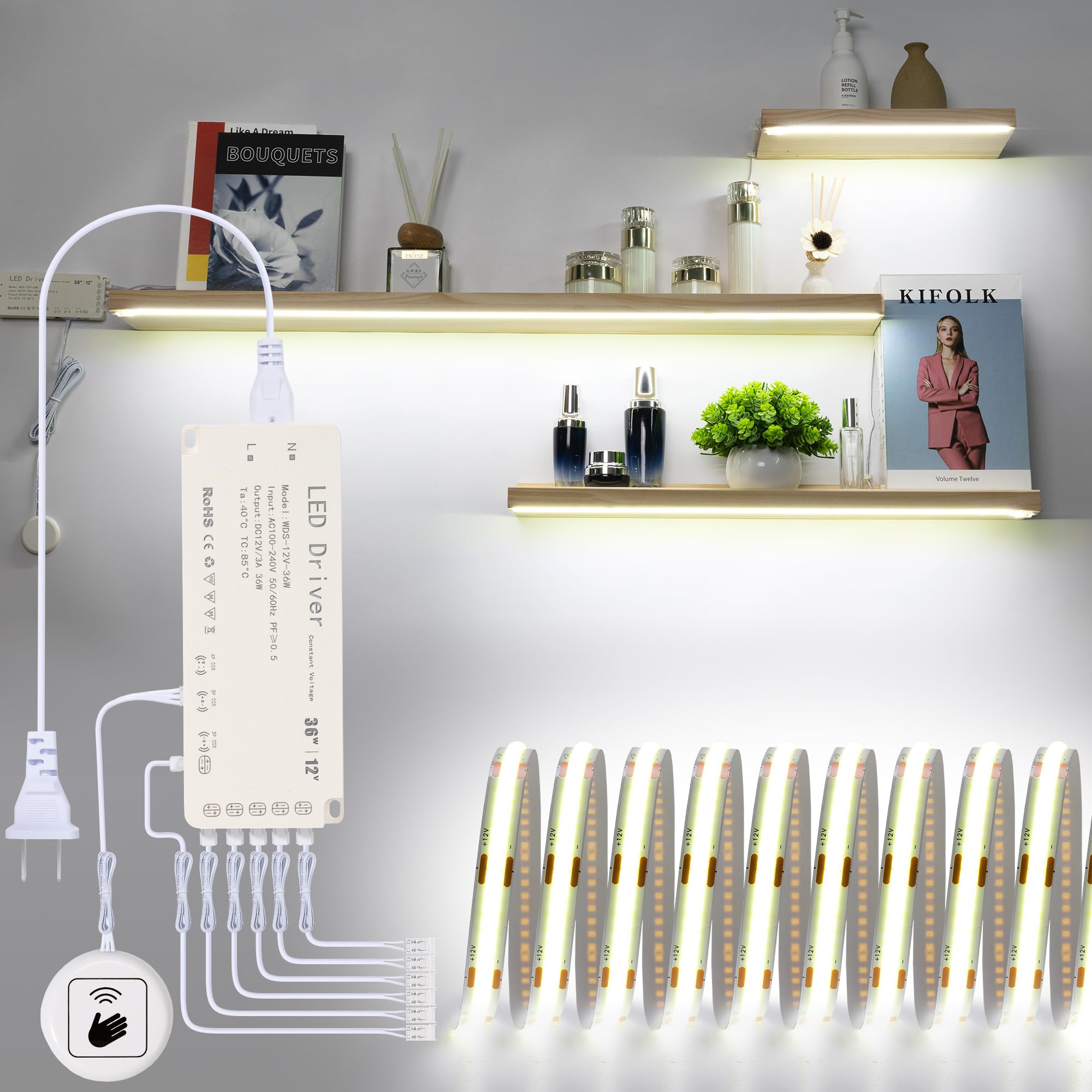 Martronic COB Display Light Strips for Shelves, 6000K 16.4ft Plug-in Under Shelf Lighting with Hand-Sweep On/Off, Diffused Power with 6 Output Ports, Shelf Lights for Bookshelf, Gun Safe