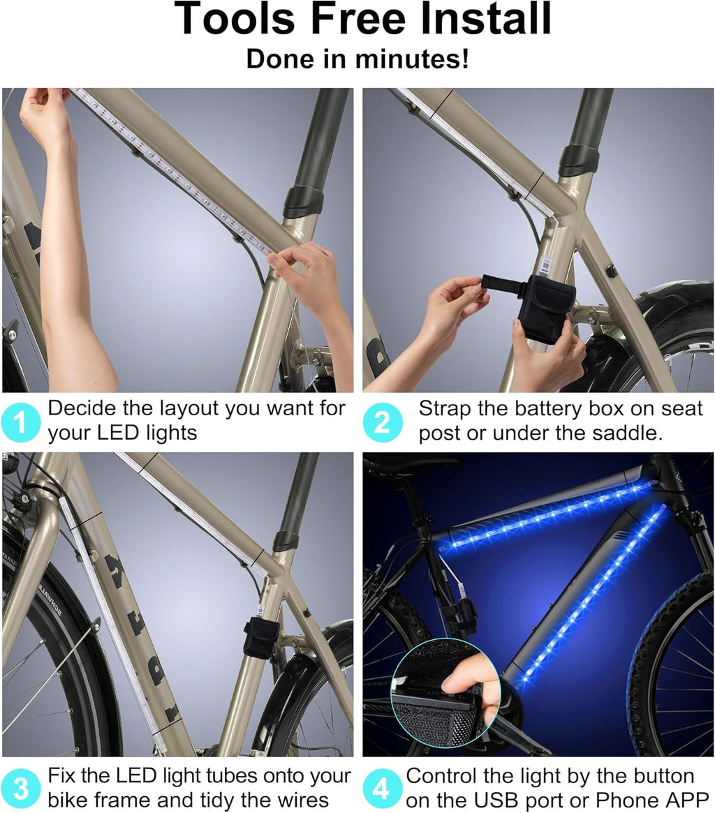 2 Pcs 16in Bike Lights for Night Riding with Battery Box, Lots Flashing Modes App Control RGB Skateboard Lights for Festivals, Safety & Style