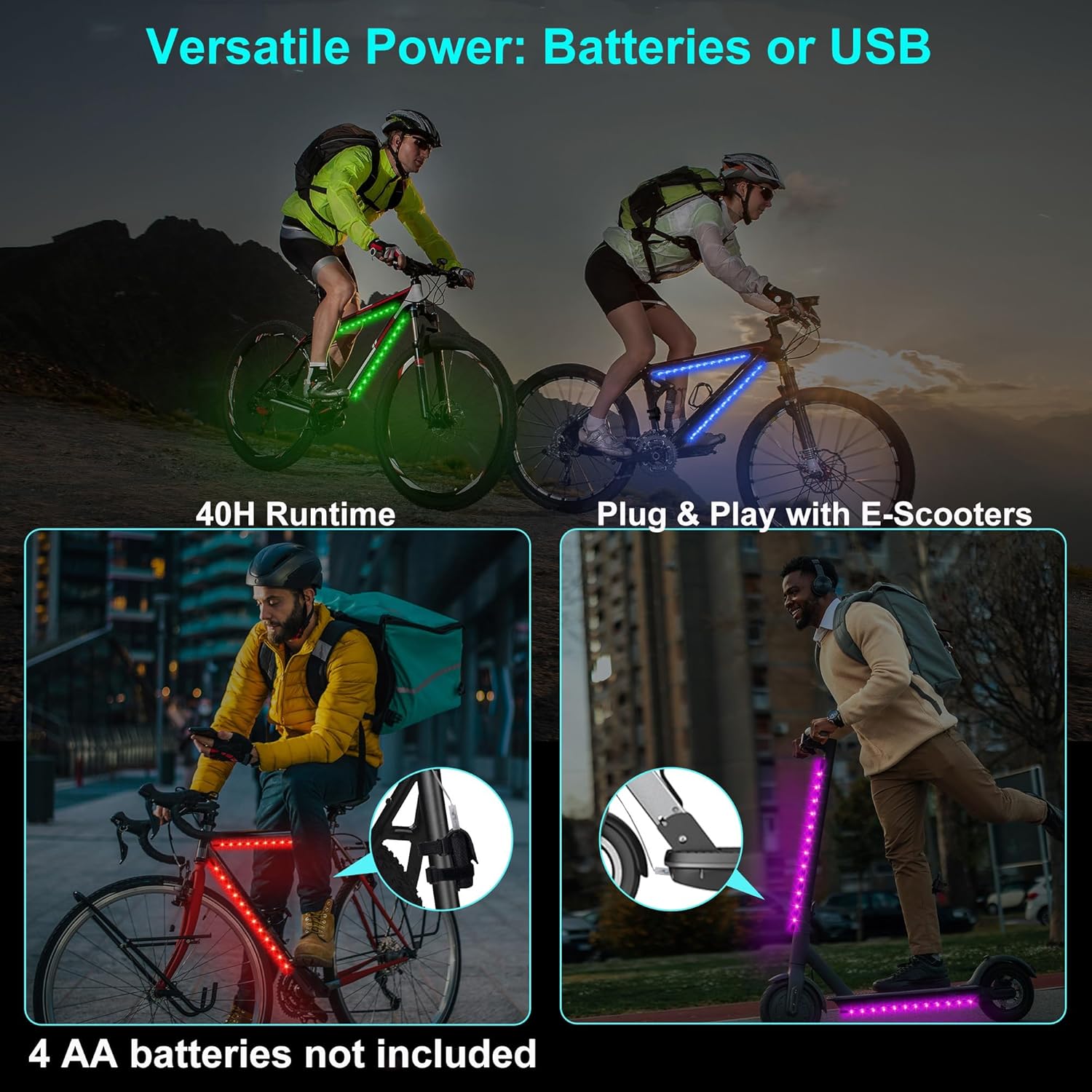 2-Pack Bike Lights for Night Riding, 47 Flashing Modes Colorful Smart Scooter Lights with Battery Box, Fun Safety & Style Electric Skateboard Lights