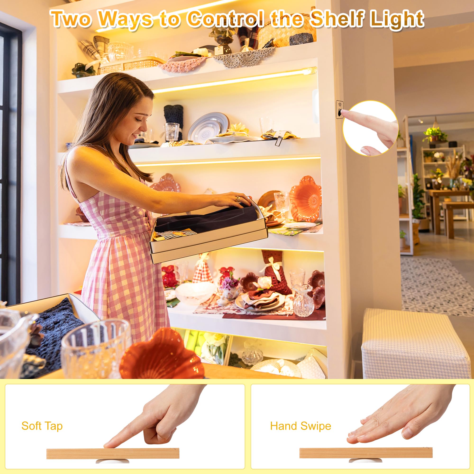 Martronic COB Display Light Strips for Shelves, 6000K 16.4ft Plug-in Under Shelf Lighting with Hand-Sweep On/Off, Diffused Power with 6 Output Ports, Shelf Lights for Bookshelf, Gun Safe