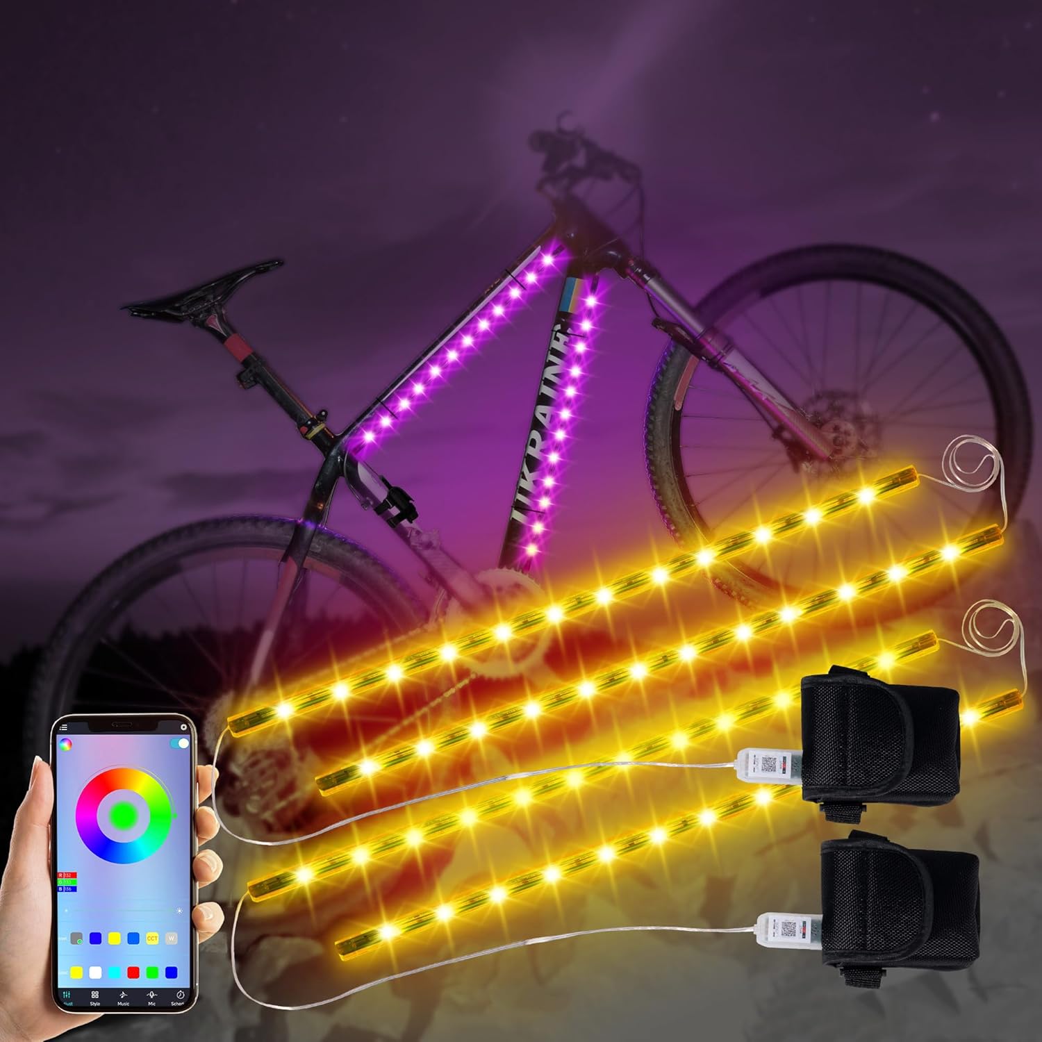 2-Pack Bike Lights for Night Riding, 47 Flashing Modes Colorful Smart Scooter Lights with Battery Box, Fun Safety & Style Electric Skateboard Lights